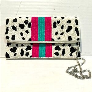 Woman’s Shirdee Beaded Clutch Purse Gold Chain Cow Print Pink And Turquoise